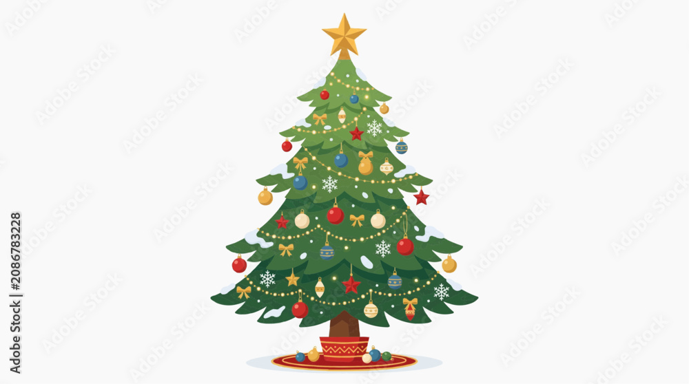 Fototapeta premium Festive Christmas Tree Decorated with Ornaments Lights and Star in white background.