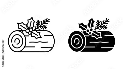 Obraz na płótnie Yule Log Icon: A minimalist icon representing a Yule log, adorned with festive holly and pine sprigs, presented in both outline and solid black fill