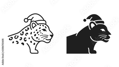 Canvas Print Christmas Leopard Icon: A festive leopard, adorned with a Santa hat, is depicted in two styles: one as a line art outline and the other as a solid silhouette, ready for holiday-themed designs