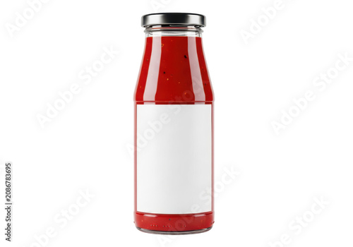 Glass bottle of ketchup with blank white label for product mockup