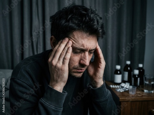 Man Experiencing Migraine And Headache With Medications On Nightstand