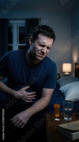 Man Experiencing Sharp Abdominal Pain At Night While Sitting On Bed