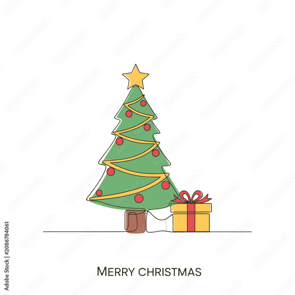 Fototapeta premium A single line drawing of a decorated evergreen tree with a gift box