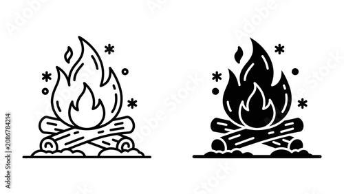 Foto Campfire Icon Set: Two stylized icons of a campfire, one in outline and one in solid black, depicting burning logs and flickering flames, perfect for representing outdoor activities or warmth
