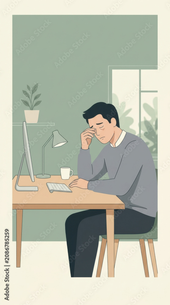 Fototapeta premium Man Feeling Burnout Working At Desk Office Stress Digital Entrepreneurship Overwhelmed