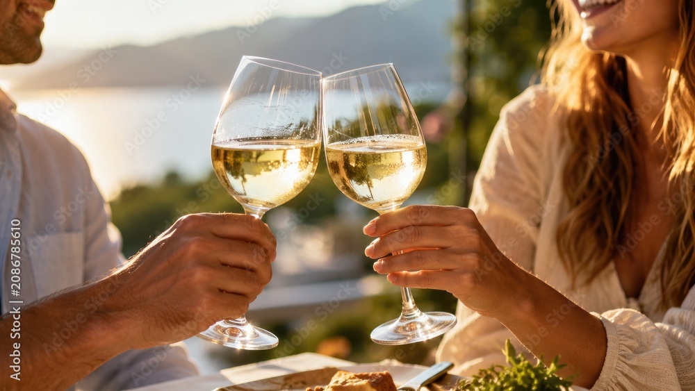 Fototapeta premium Two people clinking white wine glasses at an outdoor sunset dinner, romantic al fresco toast