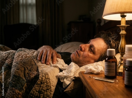 Man Feels Unwell Lying In Bed With Medicines And Tissues Nearby