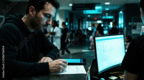 Man Filling Out Forms In A Busy Hospital Lobby