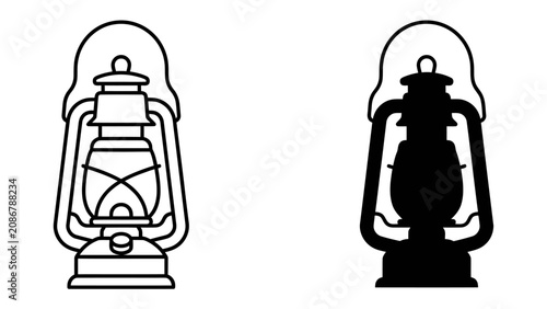 Canvastavla Old Style Lanterns: A pair of vintage oil lanterns, one outlined and the other silhouetted, represent classic illumination and a bygone era