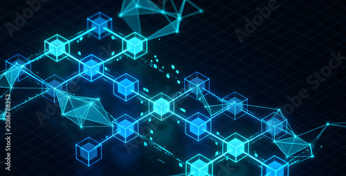 Blockchain Concept, Tech Interface, Neon 3D Illustration Blockchain Technologie, Blockchain concept - Chain of network connections 3d 