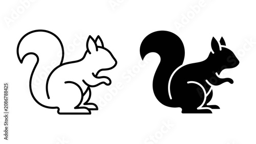 Fotografie Squirrel Icon Set: A stylized outline and silhouette of a squirrel, showcasing its bushy tail and alert posture, presented as clean, modern graphic elements