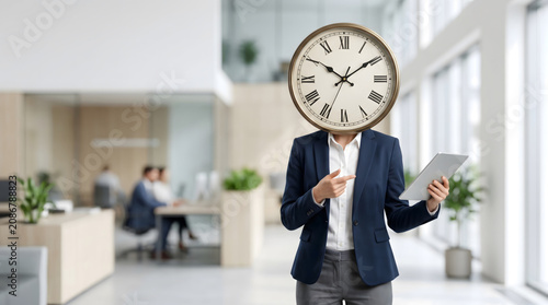Time, Management. A businesswoman with a clock for a head symbolizing time management