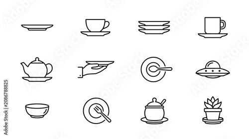 Collection of outline icons representing tableware and kitchenware elements