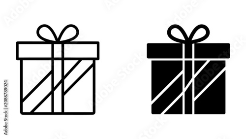 Fotografie Gift Box Icons: A set of two simple gift box icons, one outlined and the other solid black, both featuring a ribbon and bow, perfect for celebratory or surprise-themed designs