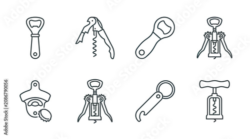 Collection of bar tools and openers for beverage bottles and corks
