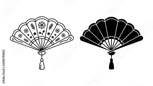 Traditional Folding Fan: Two intricately designed folding fans, one outlined with decorative patterns and the other a solid silhouette, showcase classic elegance and cultural artistry.