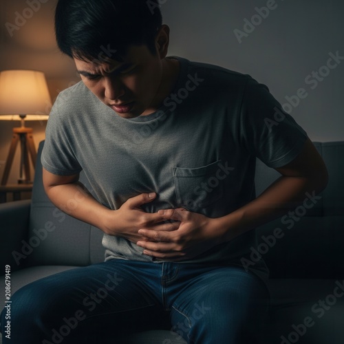 Man Experiencing Abdominal Discomfort While Sitting On Couch