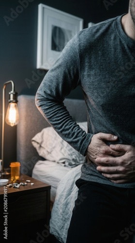 Man Experiencing Abdominal Pain Distress In Bedroom At Night