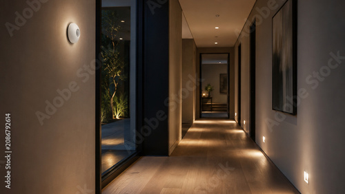 Smart Motion Sensor Lighting In Modern Home Hallway At Night