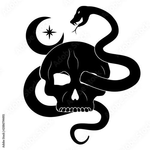 Snake Skull Crescent Moon Gothic Tattoo Design