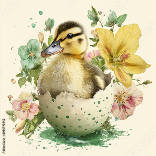 Baby duck hatching from egg with pastel flowers