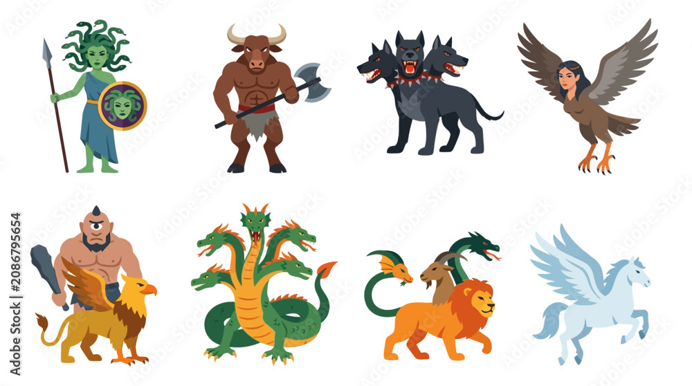 Fototapeta premium Greek mythology monster and guardian set of 9: Medusa, Minotaur, Cerberus, Cyclops, Hydra, Harpy, Griffin, Chimera, Pegasus