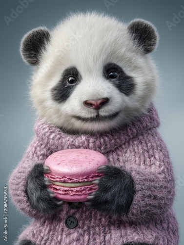 Baby panda wearing sweater holding macaron