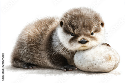 Baby otter hugging stone pastel illustration