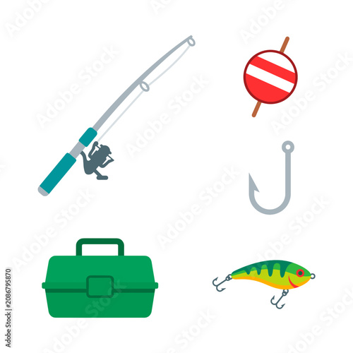 vector Fishing gear collection including rod reel tackle box lure hook and bobber isolated on white background