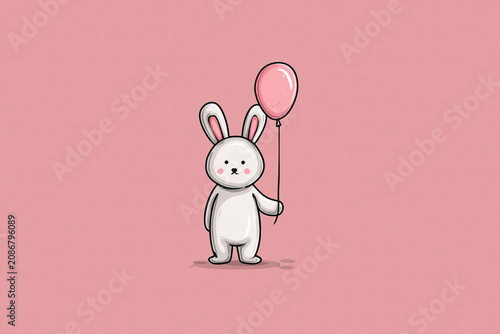 Bunny cartoon holding balloon minimal illustration