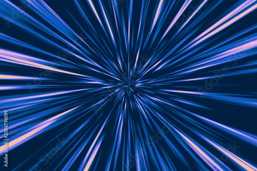 Abstract digital illustration of high-speed travel or hyperspace. Radiant blue and purple light streaks burst outwards from a central vanishing point on a dark blue background