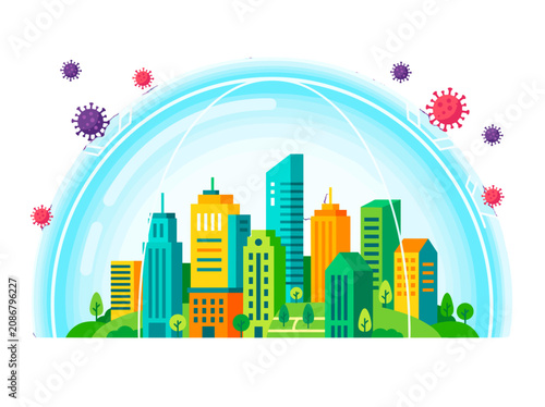 vector City protected by a transparent dome from airborne viruses and bacteria, symbolizing health and safety