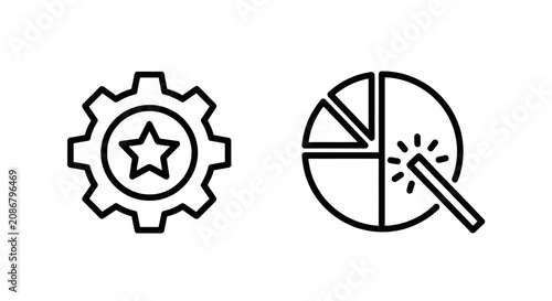 Business process icons for gear settings and data pie chart analytics with business settings analytics management optimization configuration