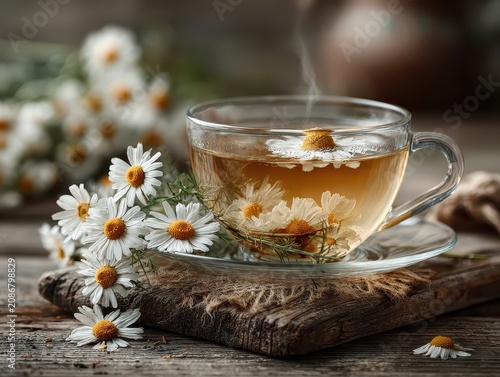 Aromatic chamomile tea in a glass cup with fresh chamomile flowers on rustic wooden table outdoor setting