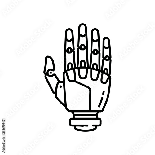 Robotic hand with metal fingers extended.