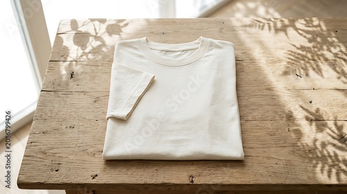 White folded linen napkin on rustic wooden table.