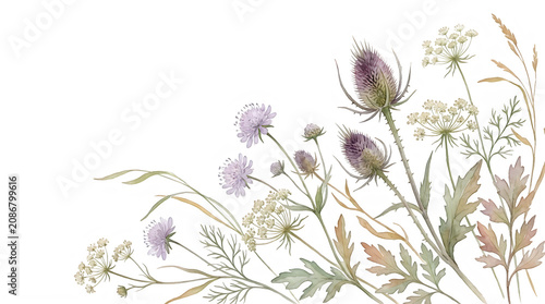 Delicate watercolor wildflowers including thistles and queen anne's lace isolated on transparent background