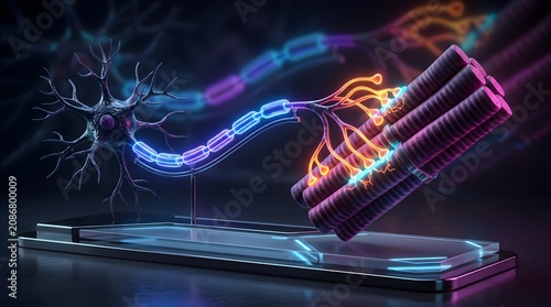 Neuromuscular junction anatomical model showing motor neuron, axon, and muscle fibers with glowing digital effects