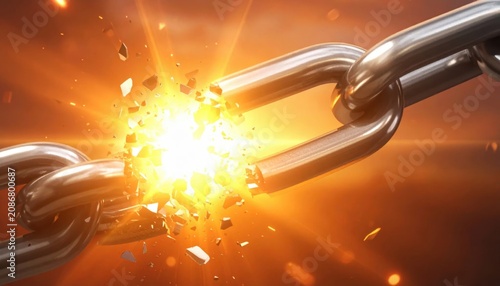 Close up of a thick metal chain link breaking apart with a bright explosion of light and debris, symbolizing strength and failure, power and release, overcoming obstacles, dynamic motion and impact
