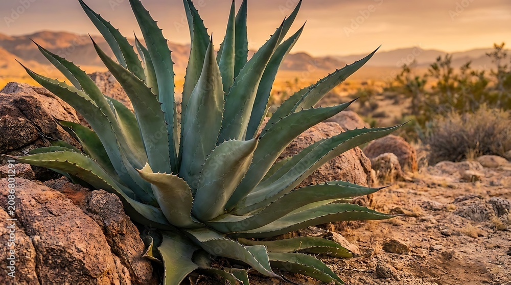 Obraz premium Large green agave plant growing in a dry rocky desert landscape at sunset. agave americana