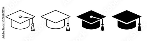 Cuadro en lienzo Graduation cap icon set with outline and solid academic mortarboard education ve