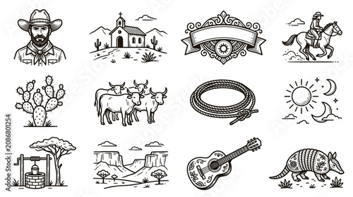Canvastavla Western Cowboy and Desert Icons Line Art Collection.