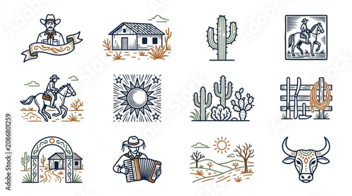 Foto Western cowboy and desert landscape illustrations set.