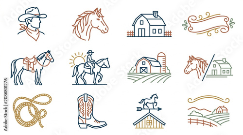 Canvastavla Western Cowboy and Farm Line Art Icons Collection.