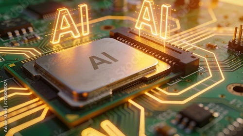 Pushing in, processor labeled AI receiving glowing traces on green PCB to highlight processing