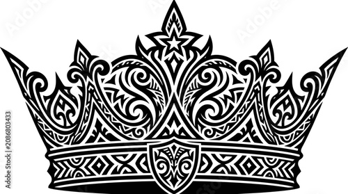 Fotografie Ornate Tribal Crown Emblem - Black and White Graphic Design