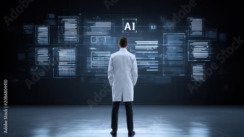 Male Researcher Interacting with Generative AI Wall Display