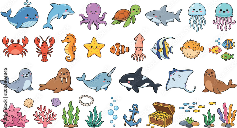 Obraz premium Cute Sea Creatures Vector Set with Whale, Shark, Octopus, Dolphin, Turtle, Seaweed, and Treasure Chest for Ocean Nursery Clipart Designs