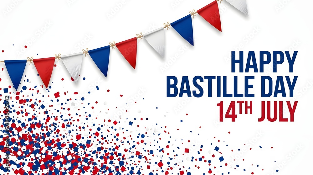 Fototapeta premium Happy Bastille Day banner template with tricolor hanging flags garland and confetti explosion for July 14 France National Day celebration