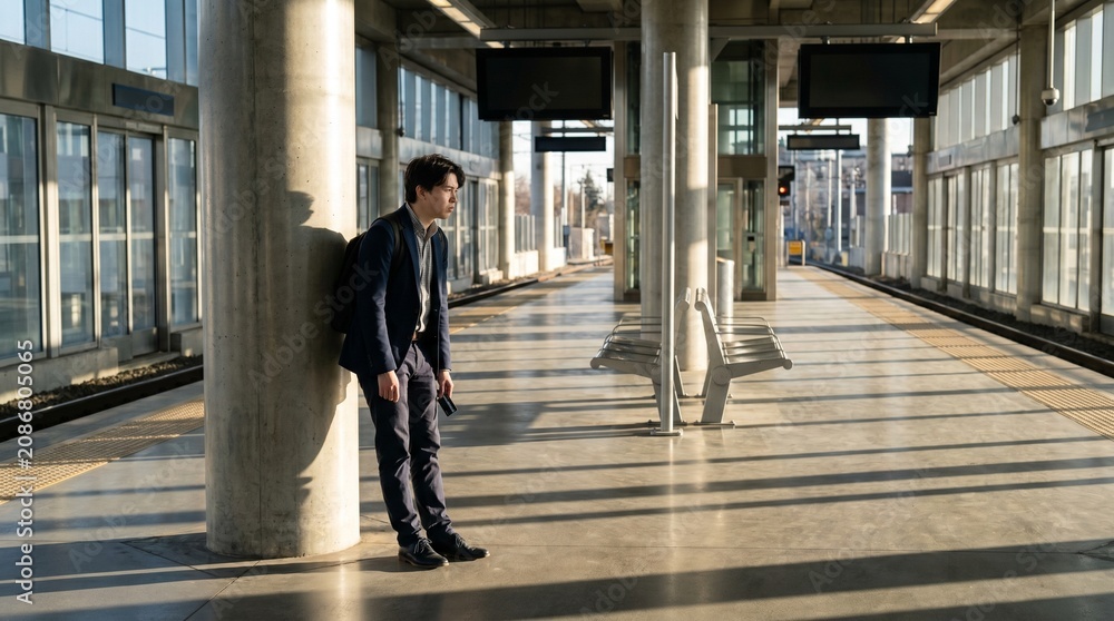 Obraz premium Quiet Commuter Burnout on Modern Transit Platform at Rush Hour